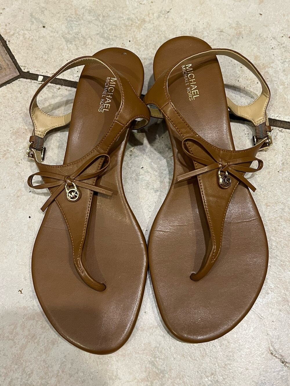 Michael Kors Brown Ramona Wedge T Strap Sandals Sz 9.5